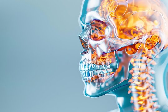 Detailed side-view of a human skull with vibrant coloration, illustrating the intricate structure of bones and nervous tissue.