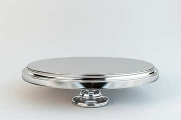 Elegant stainless steel rotating cake stand, perfectly isolated on a white background, ideal for cake decorating and displays