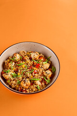 Stir-Fried Teppanyaki Chicken Rice Bowl with Vegetables on Vibrant Background
