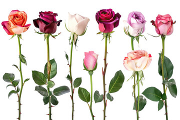 Obraz premium Assorted long-stem roses in varying shades of pink and red, isolated on a white background, representing love and beauty.