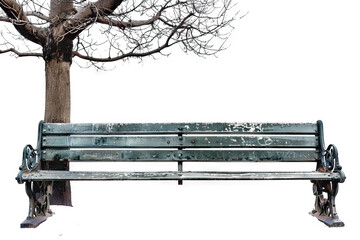  Weathered park bench under a leafless tree, isolated on a white background, symbolizing solitude and tranquility.