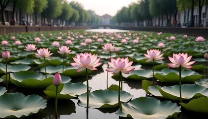 Lotus Flowers Blooming in Canal Generative AI