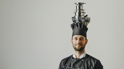 Professional chef preparing knives for a cooking class wearing apron and hat in a culinary art studio