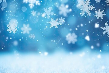 Magical winter holiday background with falling snowflakes and a dreamy blue atmosphere.