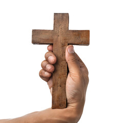 Golden cross held in hands, symbolizing faith and spirituality, on transparent background. 