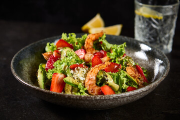 Gourmet Salad with Shrimp and Strawberry in a Bowl Fresh and Unique Flavor Combination for Healthy Eating