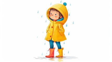 Rainy Day Fun - Cheerful Girl in Raincoat and Boots Children's Illustration with Cartoon Style and Vibrant Colors on White Background