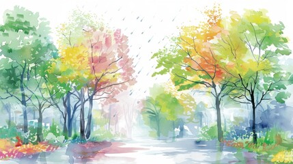 Serene Rainy Day Forest Watercolor Illustration in Pastel Colors on White Background