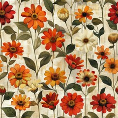 watercolor Zinnias in muted orange, red, and yellow, worn canvas background, rustic botanical print, cheerful vintage garden, seamless repeating pattern, minimal pattern, high contrasty