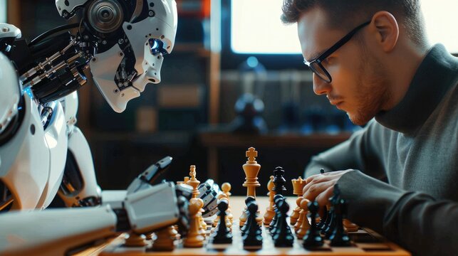 Artificial intelligence android vs human. Robot plays chess against man. Concept of rivalry and fight between machines and people