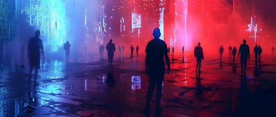 Silhouetted Figures Navigate Vibrant Digital Landscape with Coded Symbols