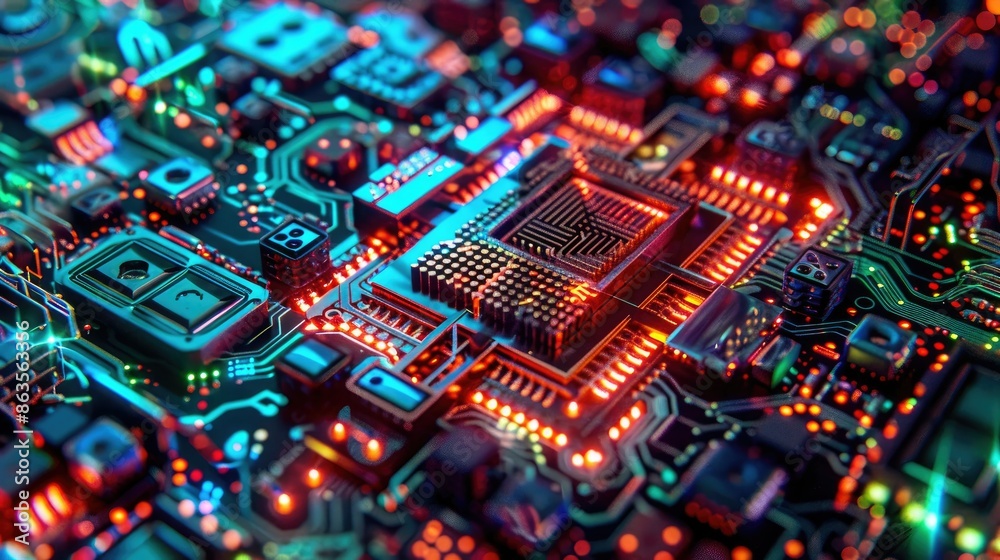Wall mural Close-up of a futuristic circuit board with glowing lights, symbolizing artificial intelligence, data processing, and advanced technology. - Wall murals