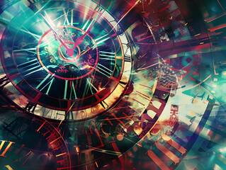 Abstract time portal with swirling vortexes and glowing clocks,
Arafed image of a spiral of colorful lights in a dark room 