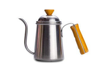 Side view of single stainless coffee drip kettle isolated on white background with clipping path.