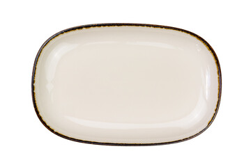 Top view of new empty brown ceramic tray with dark edge isolated on white backgroud with clipping path.