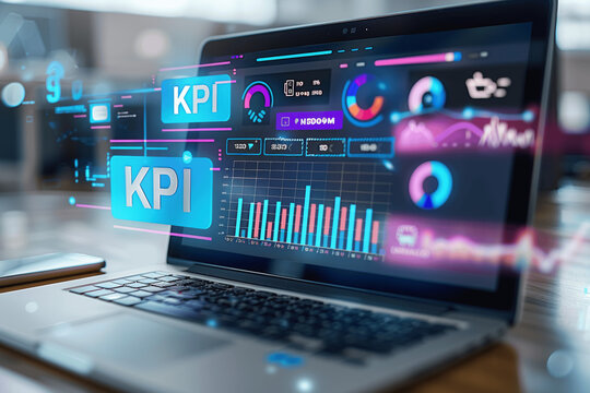 KPI analytics dashboard laptop screen graphs charts performance statistics online business platform translucent glass UI data visualizations bar charts pie icons social media engagement - Powered by Adobe