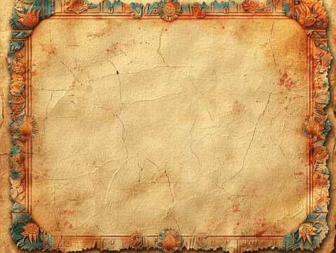 Ornate Mayan Style Parchment Paper with Ethnic Border and Blank Background, Lightly Aged, Yellow Paper Texture, Retro African Tribal Motifs Frame, Space for Text