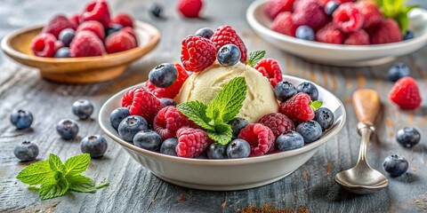 A delicious dessert featuring a mix of fresh blueberries and raspberries served with a scoop of vanilla ice cream , berries