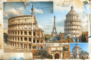 Fototapeta premium European Landmarks Vintage Travel Collage of Postcards with Retro Photos of Iconic Architecture