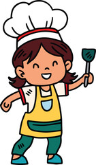 A young girl in a chef's hat and apron is holding a spatula