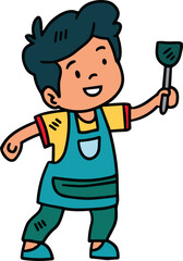 A young boy is holding a spoon and smiling