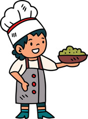 A young girl wearing a chef's hat and apron is holding a bowl of food