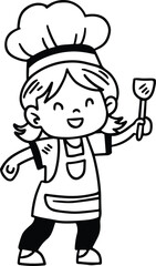 A young girl in a chef's hat and apron is holding a spatula