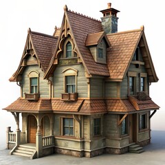  3D Render of a Victorian Era Cottage, on isolated white background, Generative AI
