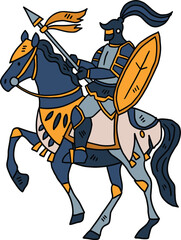 A knight on horseback is riding with a shield in his hand