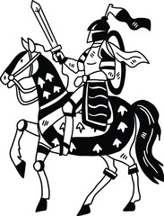 A knight on horseback is riding with a shield in his hand
