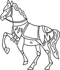 A horse is standing with its head up and its legs spread out