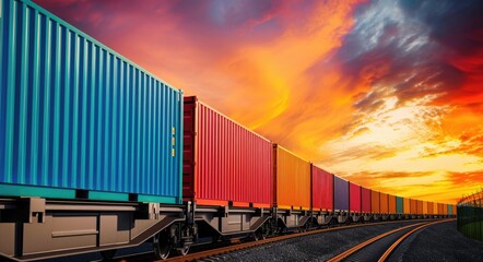 Obraz premium Containers. Freight Train Wagon with Cargo Containers on Sky Background