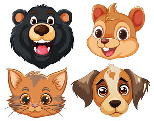 Adorable cartoon faces of bear, chipmunk, cat, and dog