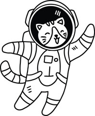 cat in a space suit is waving