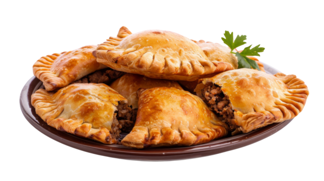 Fried beef empanadas with minced beef meat served on a plate on transparent background
