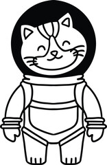 A black and white drawing of a cat in a spacesuit