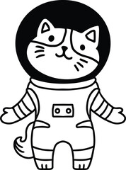 A black and white drawing of a cat in a spacesuit