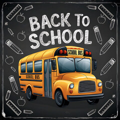 A Cartoon poster of a school bus with a group of children with back to school design