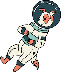 A cartoon dog is wearing a space suit and is floating in space