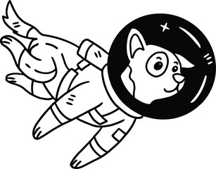 A cartoon dog is wearing a space suit and is floating in space