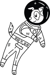A cartoon dog in a space suit is flying through space