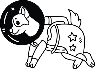 A cartoon dog is wearing a space suit and is floating in space