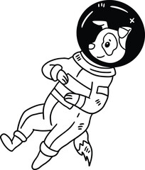 A cartoon dog is wearing a space suit and is floating in space