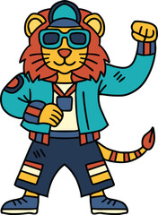 Obraz premium A cartoon lion is wearing a hat and a jacket