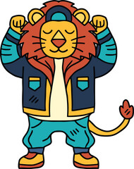 A cartoon character is wearing a jacket and pants