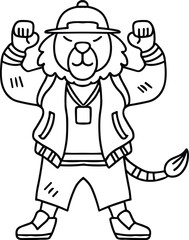 A cartoon lion is wearing a hat and a jacket