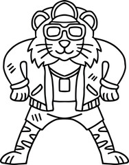 A cartoon lion is wearing a hat and a jacket