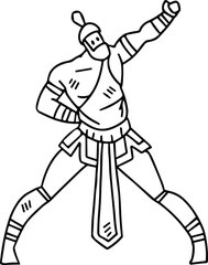 A man in a costume is standing with his arms outstretched