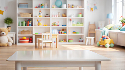 Empty white table blur background of children room