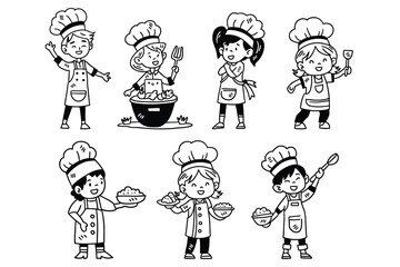 A group of children dressed as chefs are shown in various poses